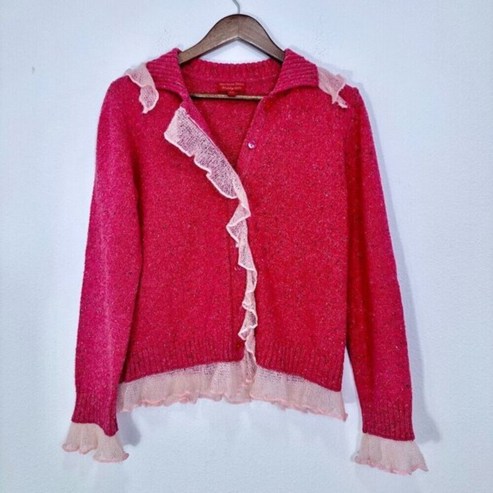 Ruffled Knit Cardigan Sweater in Pink